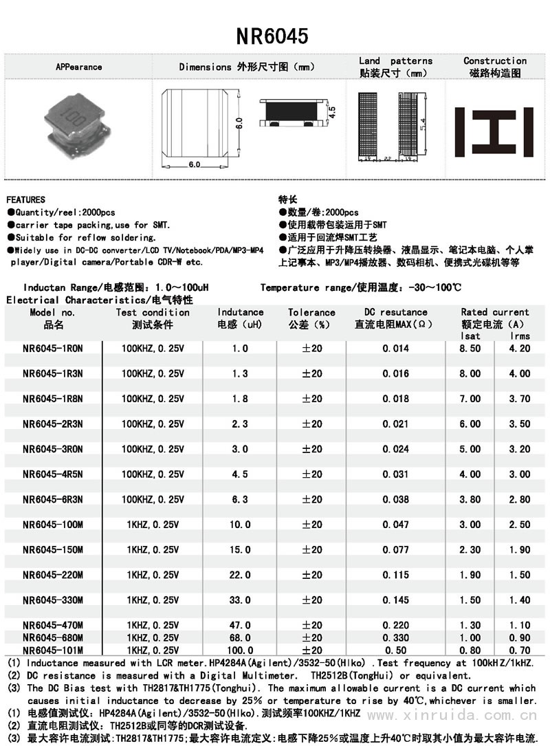 芯瑞達(dá)電子,NR6045電感,貼片電感,功率電感,繞線電感